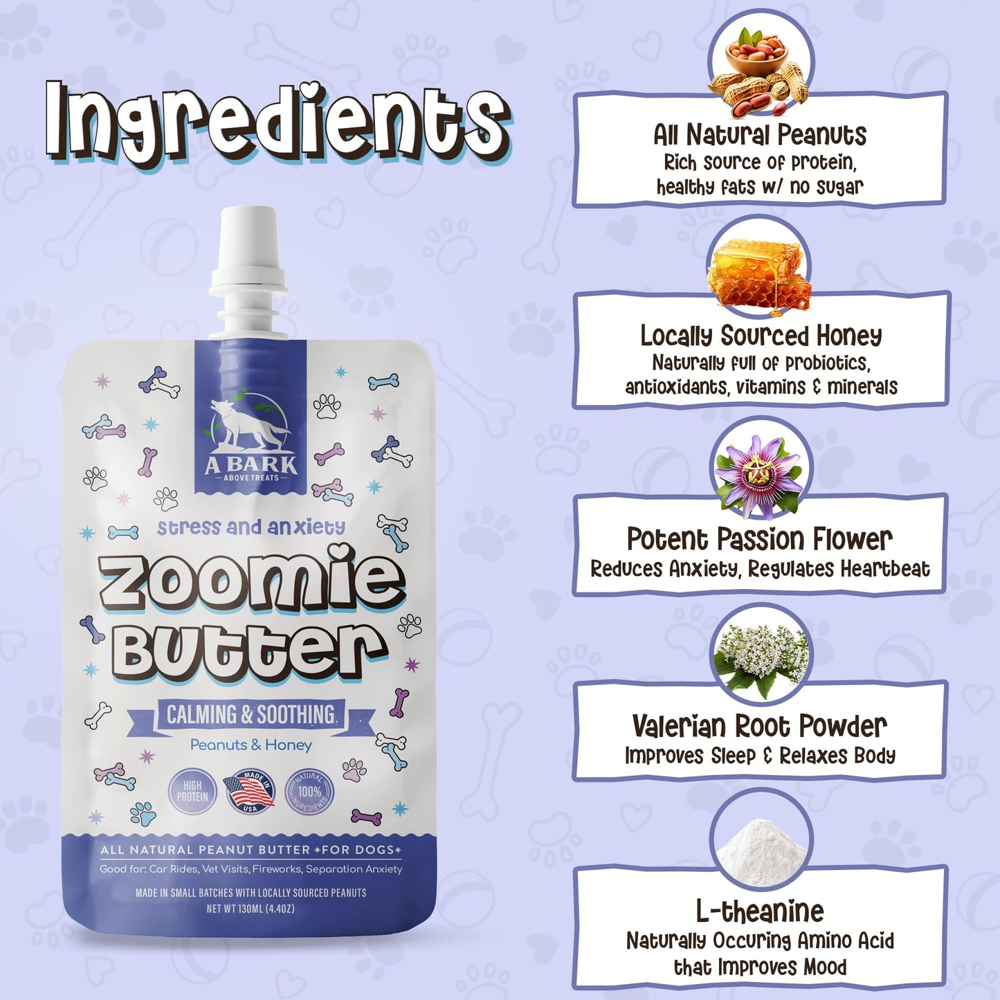 Stress & Anxiety Dog Peanut Butter Squeeze Supplement, All Natural Calming Dog Treat. Human Grade & Safe Puppy Food, Passion Flower for Separation Anxiety, Behavior Aid, USA Grown & Made