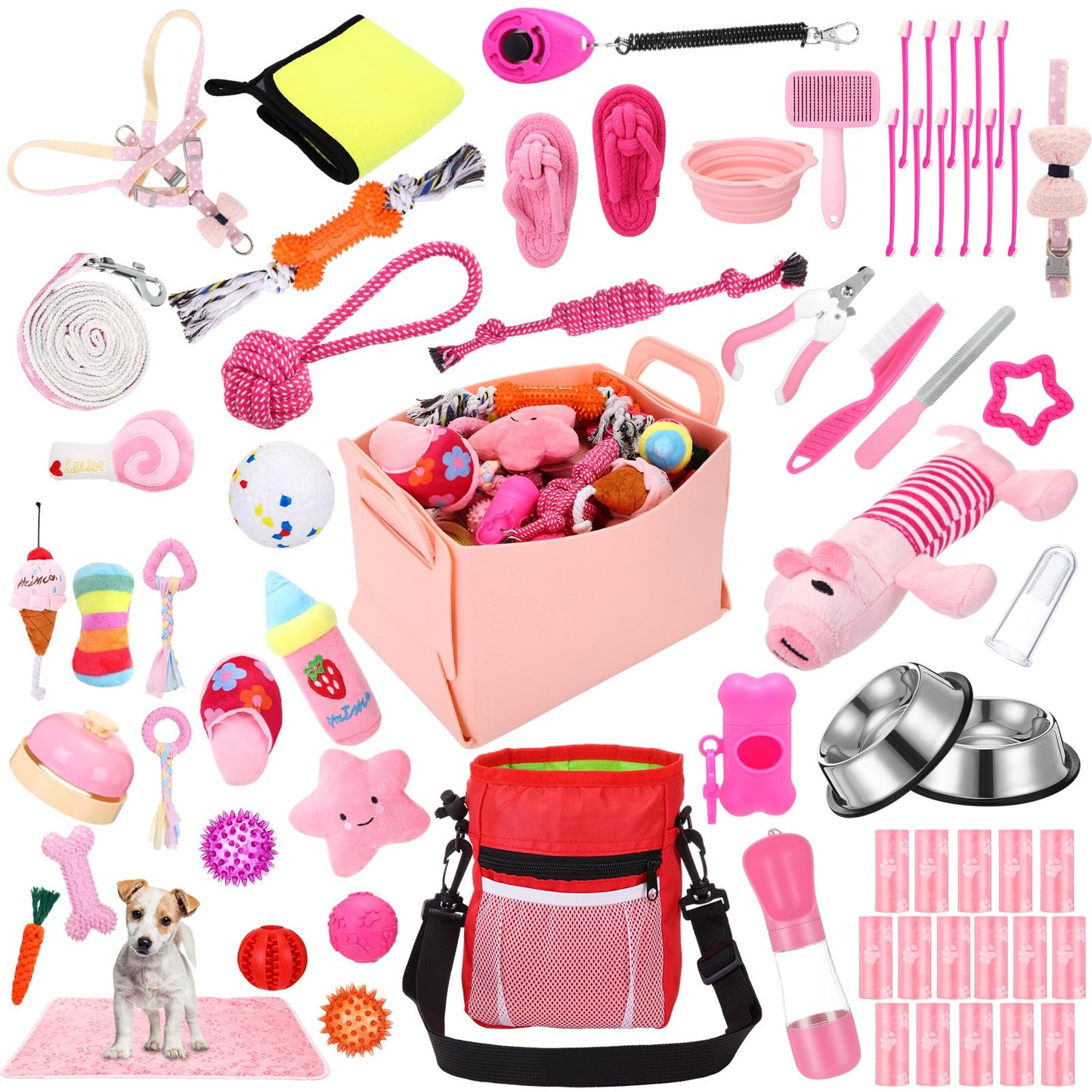 PullCrease 65 Pcs Puppy Supplies Starter Kit Small Dog Essentials Includes Dog Leash, Toys, Bowl, Brushes, Water Bottles, pet Blankets Puppy Accessories for New Welcome Gift Supplies(Cute,Pink)