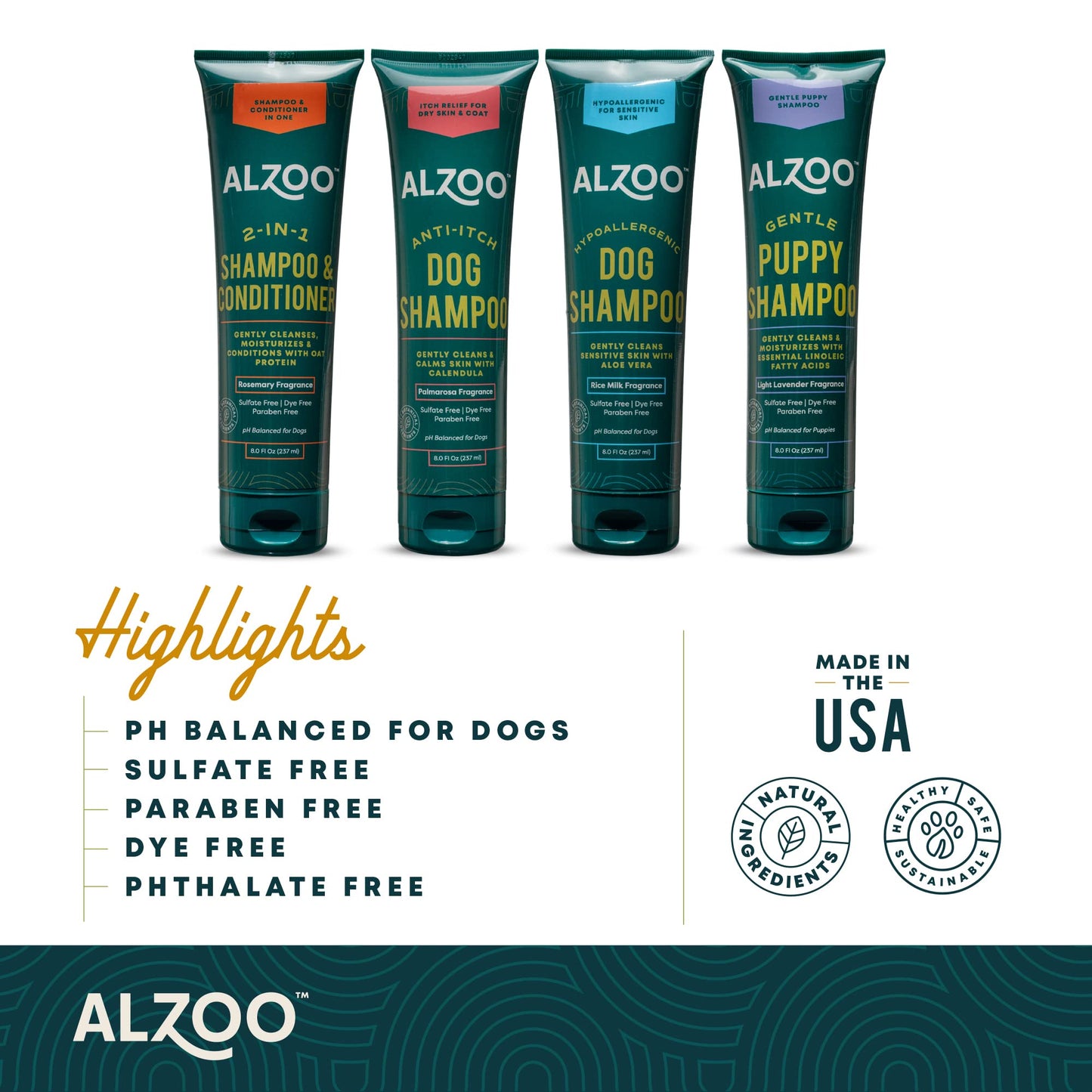 ALZOO Hypoallergenic Shampoo for Dogs, Specially Formulated for Dogs with Sensitive Skin, 100% Plant-Based Active Ingredients, Rice Milk Fragrance, Made in The USA, 8 Fl. Oz.