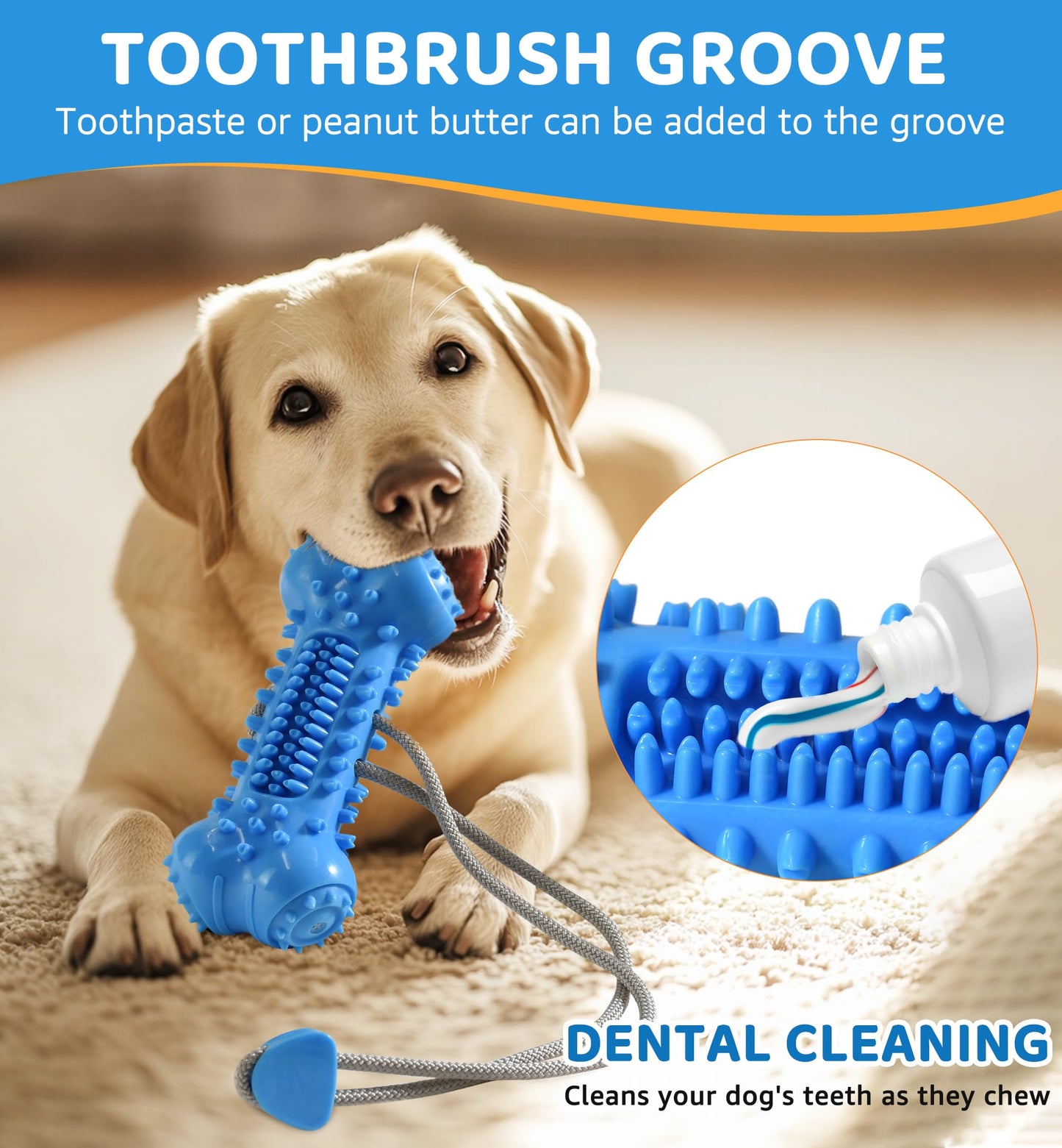 IPTPAS Dog Chew Toy for Aggressive Chewers, Durable Dental Cleaning Treat Toy, Food Dispensing Interactive Toy for Small, Medium & Large Dogs, Teeth Cleaning, Keep Busy, Tough Natural Rubber (Blue)