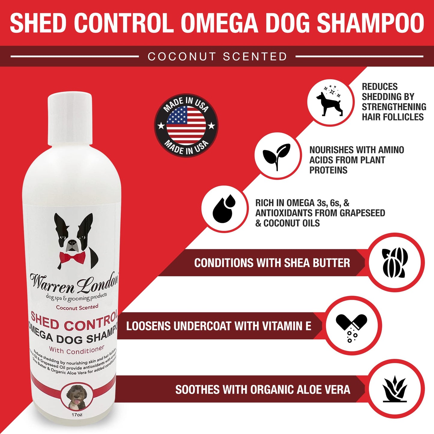 Warren London Shed Control Dog Shampoo for Shedding | 2-in-1 Dog DeShedding Shampoo and Conditioner | Nourishes Hair Follicles w/Grapeseed & Coconut Oil | Anti Shedding Shampoo for Dogs | 17oz