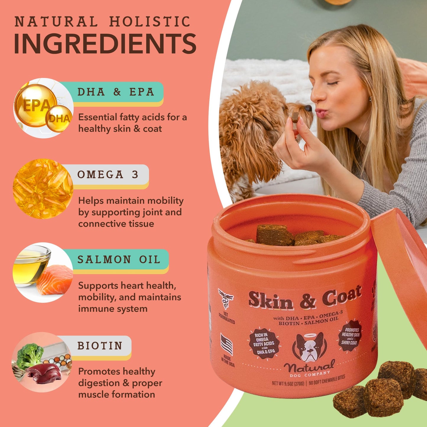 Natural Dog Company Skin & Coat Chews (90-pcs) Bundle with Sensitive Oatmeal Shampoo (12 oz) | Daily Supplement with Sensitive Shampoo | Gentle Cleaning for Healthier and Coats