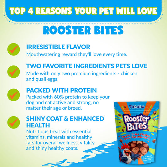 Rooster Bites Chicken Quail Egg Dog & Cat Treats – Only 2 Ingredient Freeze Dried Training Treats - High Protein, All Natural, Made in USA - Picky Eater Approved