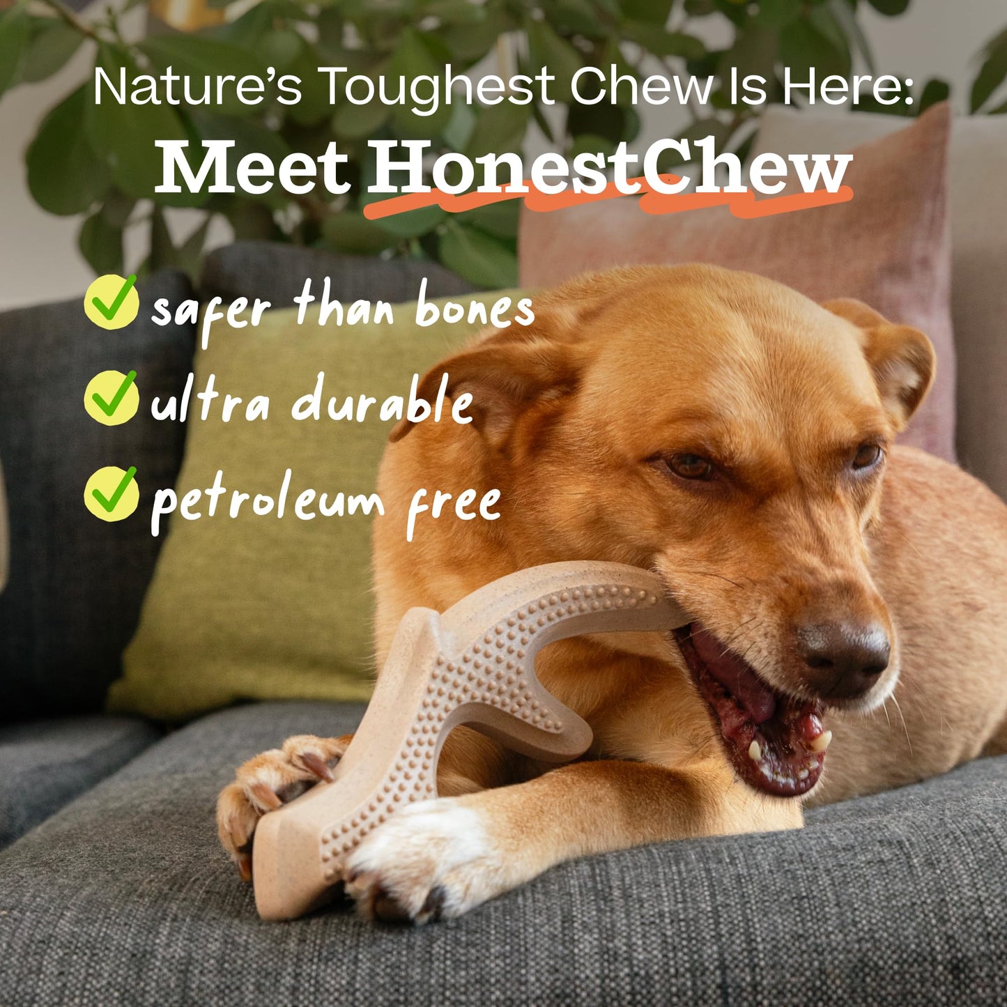 WOOF HonestChew Dog Toy Antler - Durable Dog Chews - Made with Natural, Plant-Based Ingredients - Splinter-Resistant - Great for German Shepherds and Pit Bulls - Large