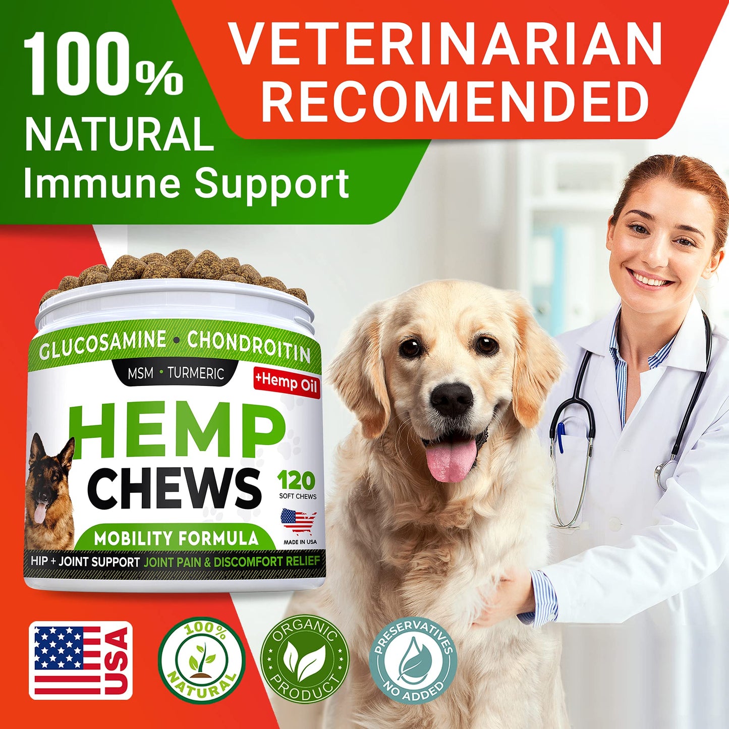 STRELLALAB Hemp Treats + Glucosamine for Dogs - Hip & Joint Supplement - w/Hemp Oil + Protein - Chondroitin, MSM, Turmeric to Improve Mobility & Energy - Natural Joint Pain Relief - Bacon Flavor