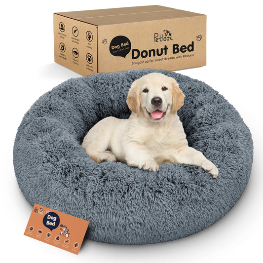 Petloox Donut Dog Bed - Premium Comfort for Anxiety Relief - Fluffy & Calming Design with Ultra-Plush Support | Cozy Round Dog Bed with Super Soft Circle Style (Size S Dark Grey)