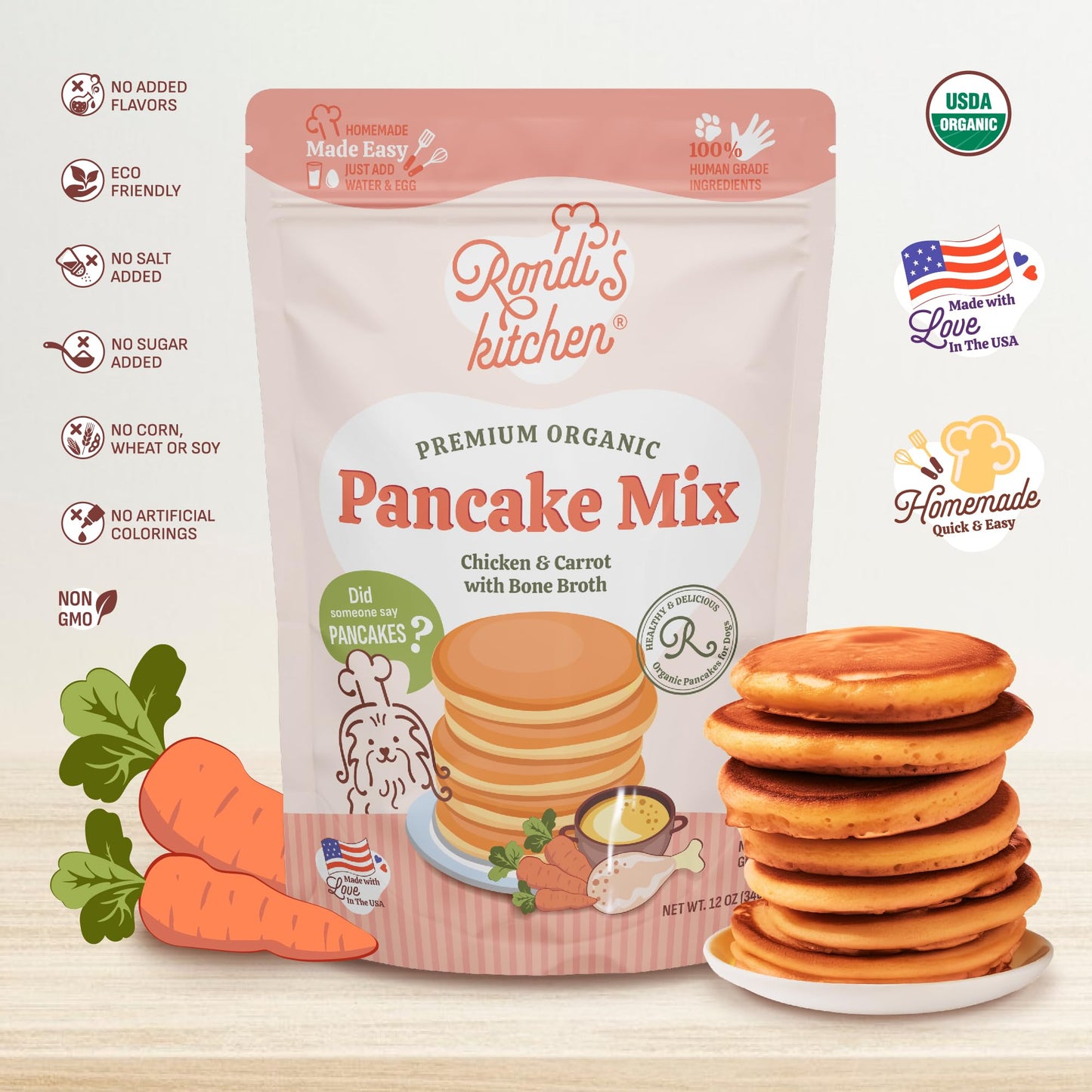 Rondi's Kitchen Pancake Mix for Dogs - Premium All-Natural & Organic Dog Treats, Healthy Dog Snacks for All Ages & Sizes, Made with Human-Grade Ingredients - Chicken & Carrot
