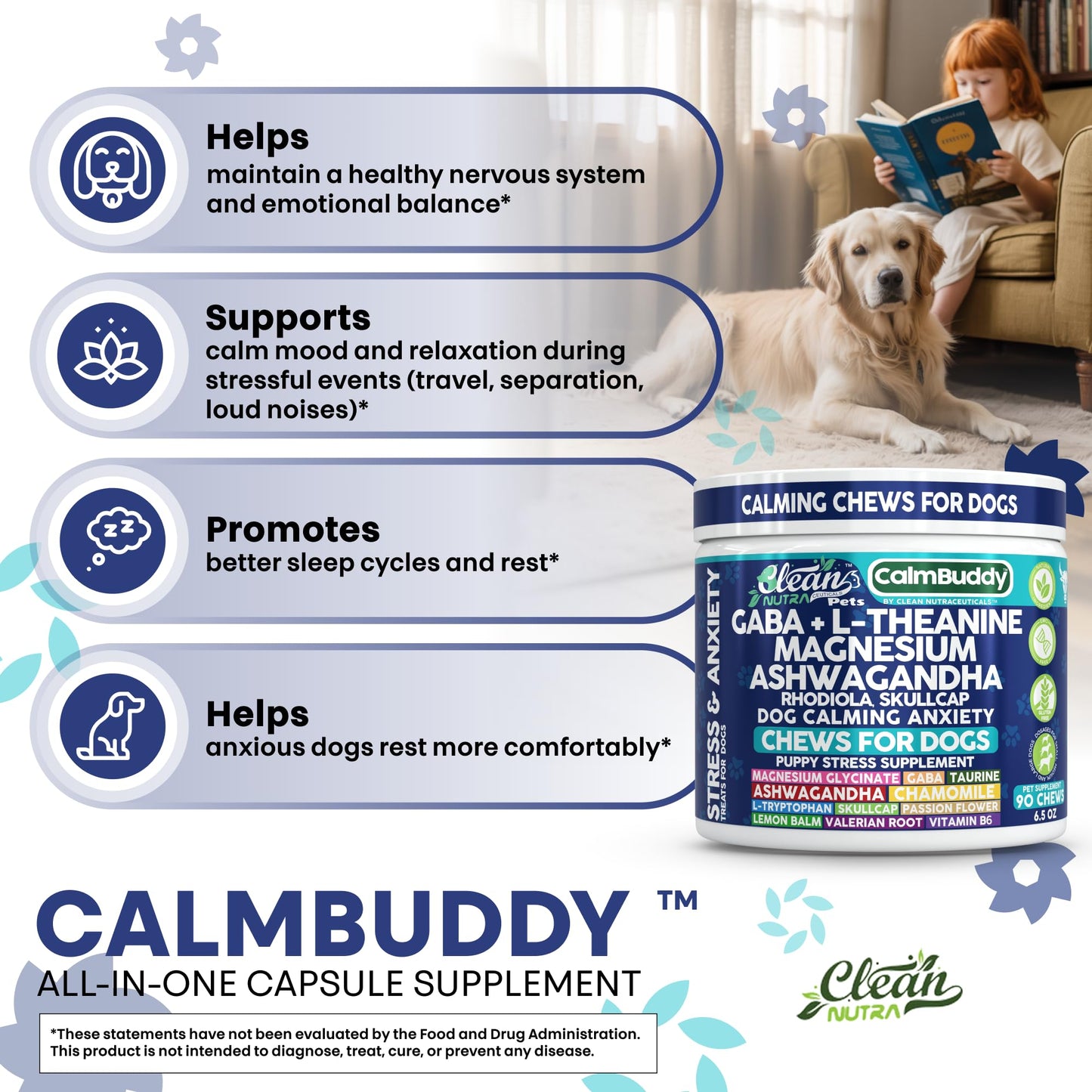 CalmBuddy Calming Chews for Dogs with GABA, L-Theanine, Magnesium, Ashwagandha, Rhodiola & Skullcap – Natural Pet Supplement – 90 Soft Chews – Clean Nutra Pet Formula for All Dog Breeds & Sizes