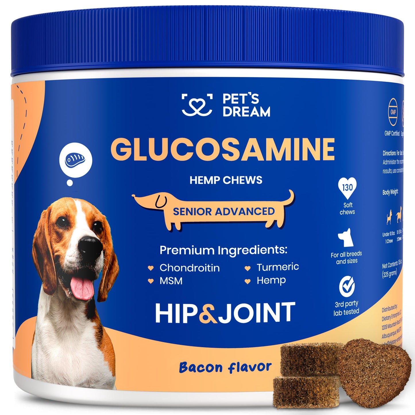 PET'S DREAM Hip and Joint Glucosamine for Dogs, Senior Advanced Joint Supplement for Dogs with Chondroitin & MSM, Dog Hip and Joint Supplement Large & Small Breed, Bacon Flavor, 130 Chews