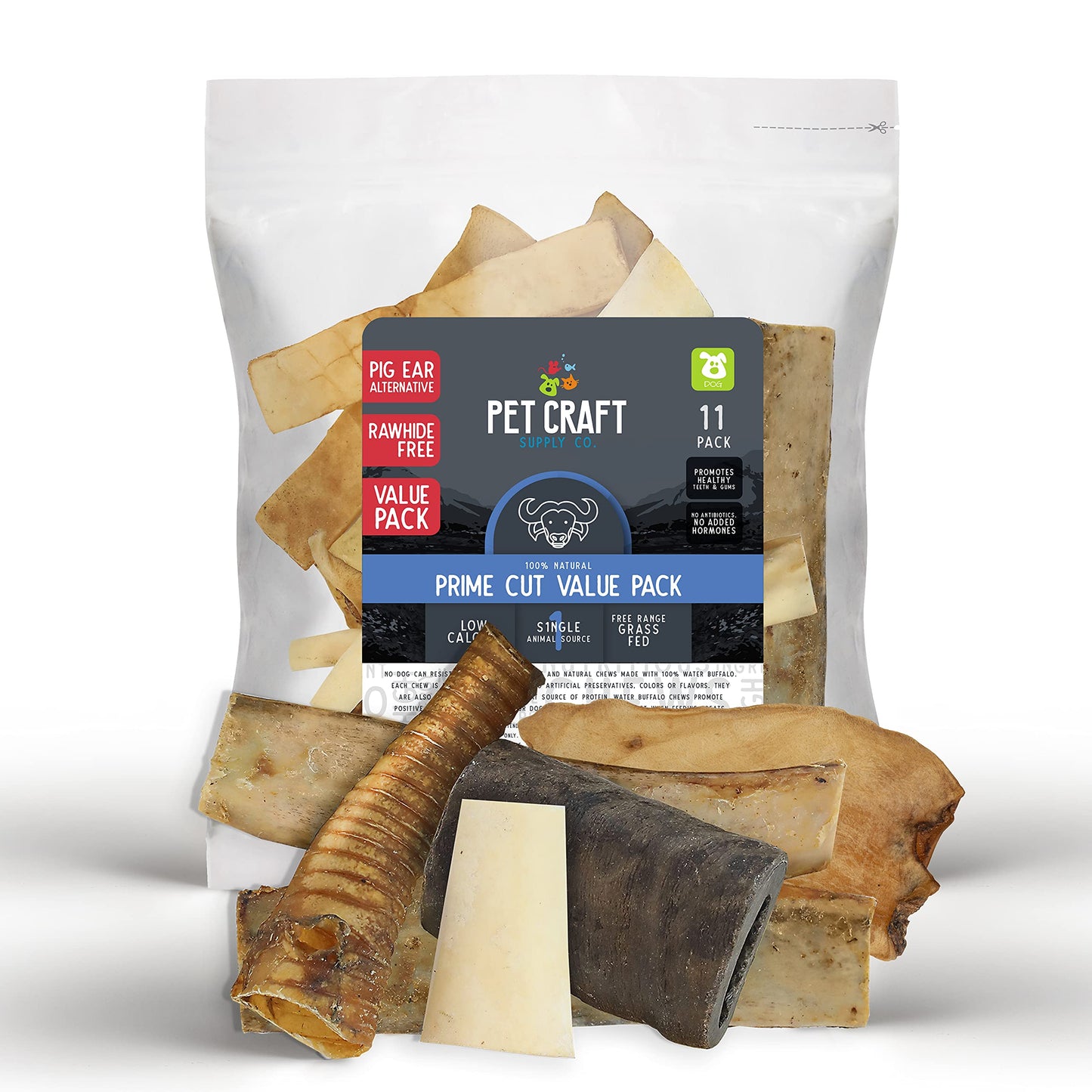 Pet Craft Supply Pure Natural Grass Fed Grain Free Water Buffalo Variety Pack of 11 Durable Tough Dog Chew for Aggressive Chewers and Puppies, Black