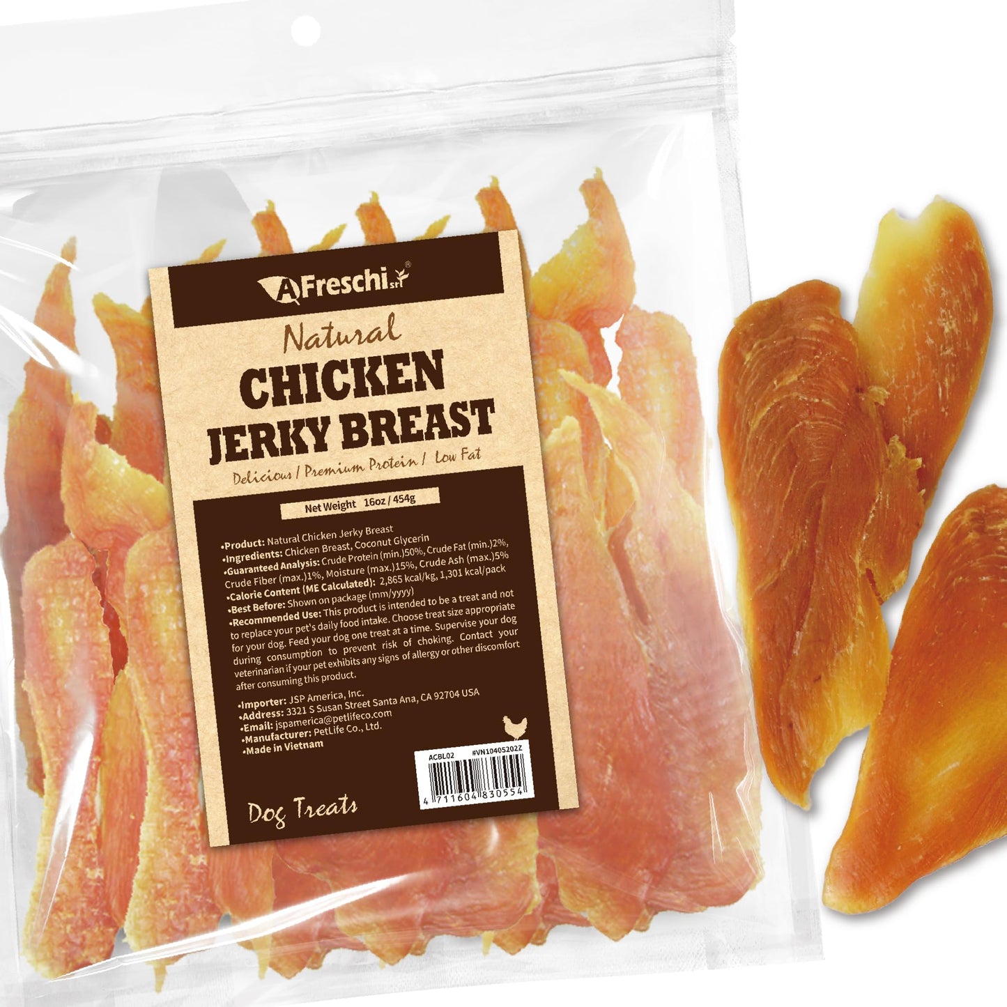 AFreschi Natural Chicken Breast Jerky 16 oz, Dog Treats, All Natural, Grain-Free, High-Protein, Low Fat, Healthy & Easily Digestible