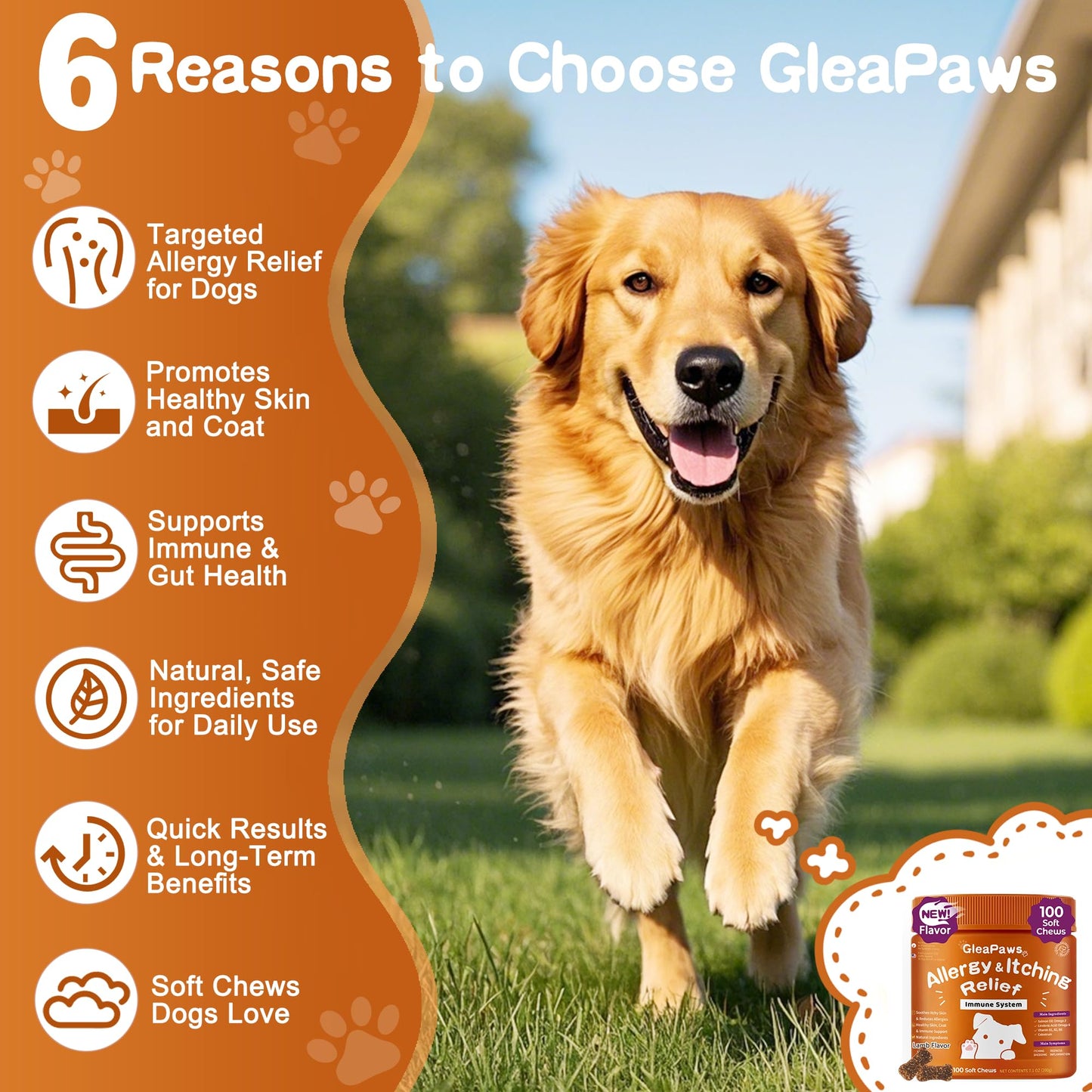 GleaPaws Dog Allergy & Itch Relief Supplement - Salmon Oil Omega-3, Omega-6, Vitamin B1/B2/B6, Colostrum Probiotics for Seasonal Allergy, Hot Spots, Paw Licking, 100 Chews, Lamb+Salmon Oil