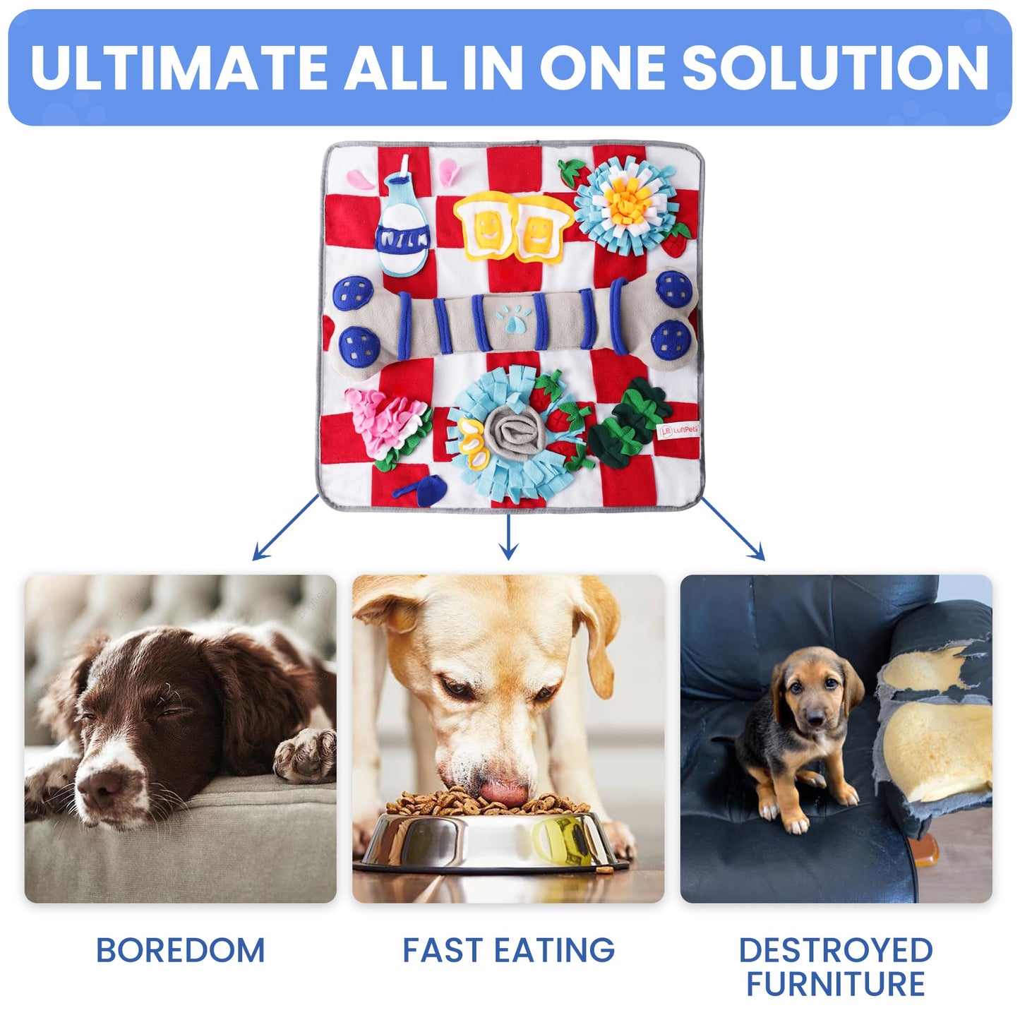 LUFTPETS Soft Snuffle Mat for Dogs Large Breed, Keeps Pets Busy, Comfortable Sniff & Enrichment Mat to Lay On, Puzzle Toy & Lick Pad with Lots of Games, Anti-Slip & Washable, Slows Down Feeding (Red)