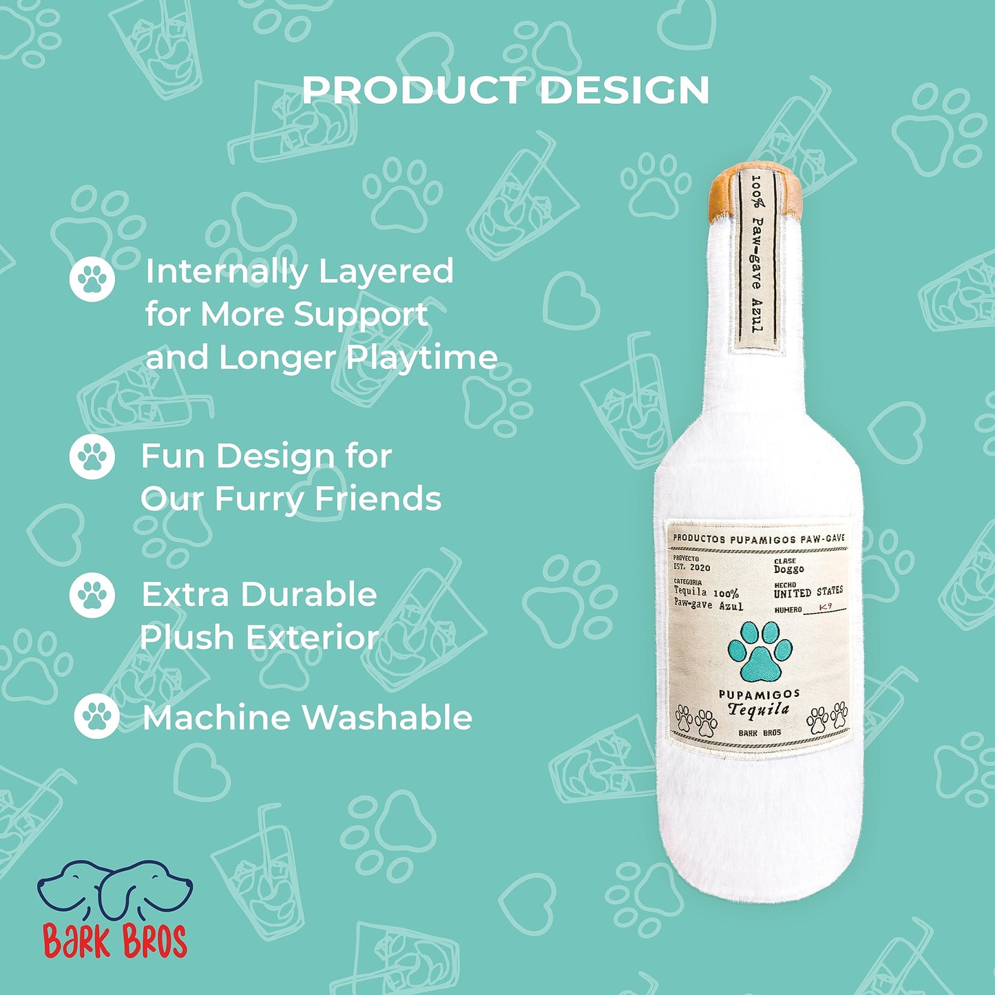 Bark Bros - Liquor Bottle Dog Toy - Plush Squeaky Dog Toys Funny Drink Parody - Alcohol Dog Toy - Dog Birthday Toy - Cute Dog Toys - Puppy Gifts - Puppy Stuff - Dog Stuff (Large, Pupamigos)