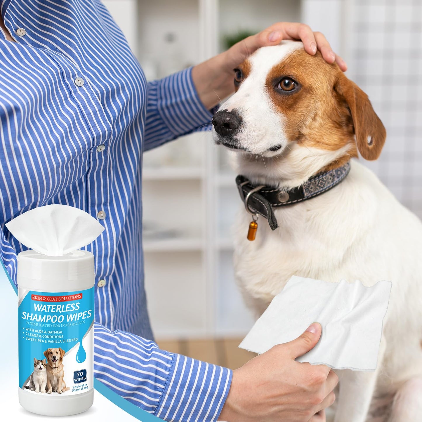 Threlaco 3 Pcs 210 Count Waterless Shampoo Wipes for Dogs Cats 5.91 x 5.12 Inches Dry Pet Bath Cleaning Wipes Safe Disposable for Puppy Cat Cleaning Fur, Deodorizing, Grooming, Sweet Pea Vanilla