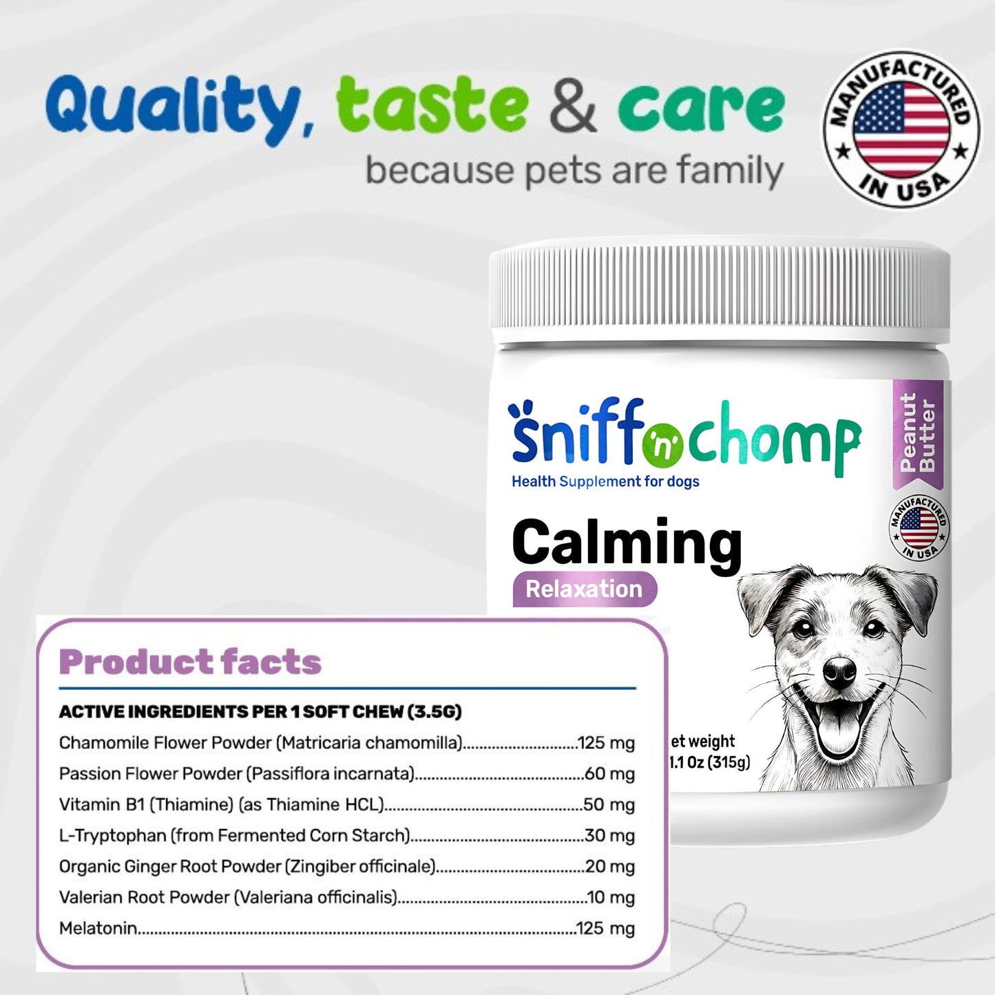 Sniff 'n' Chomp Calm Chews for Dogs Anxiety, Natural Anxiety and Stress Relief, Dog Fireworks Relief, Melatonin for Dog Sleep Aid, Calming Chews for Dogs, Peanut Butter Flavor, 90 Units.