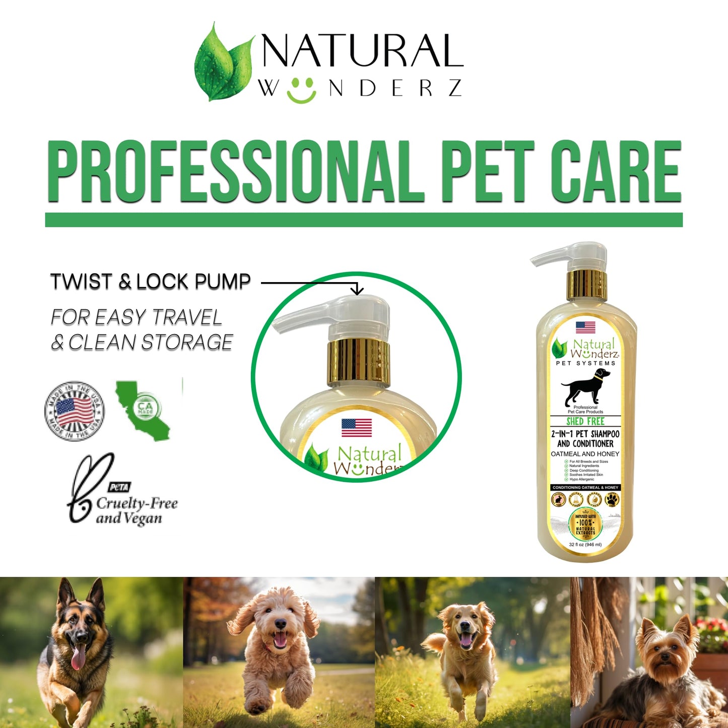 Pet Shampoo & Conditioner, Shed Free 2-in-1, Oatmeal and Honey, Hypoallergenic, Vegan, Natural Extract, for Healthy Skin & Coat, 32 Fl Oz, for Dry Itchy Skin, All Breeds, by Natural Wunderz