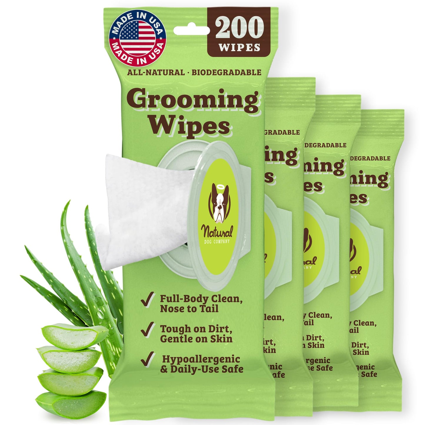 Natural Dog Company XL Grooming Wipes for Dogs – Hypoallergenic, Biodegradable, Fragrance Free – Aloe Vera & Witch Hazel – Large 7×8 in Wipes for Paws, Face, Ears & Butt – 200 Count Sensitive Skin