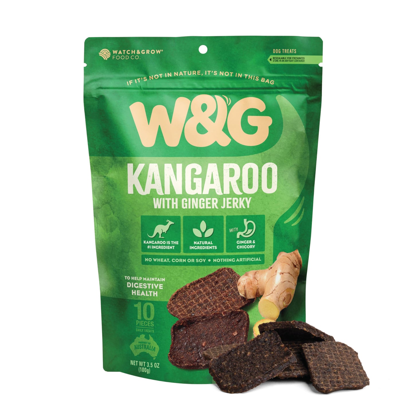 W&G Kangaroo and Ginger Soft Jerky for Dogs, Limited Ingredient Dog Treats, Hypoallergenic Alternative to Chicken Beef, Promotes Healthy Digestion, All-Natural Training Rewards, 3.5oz