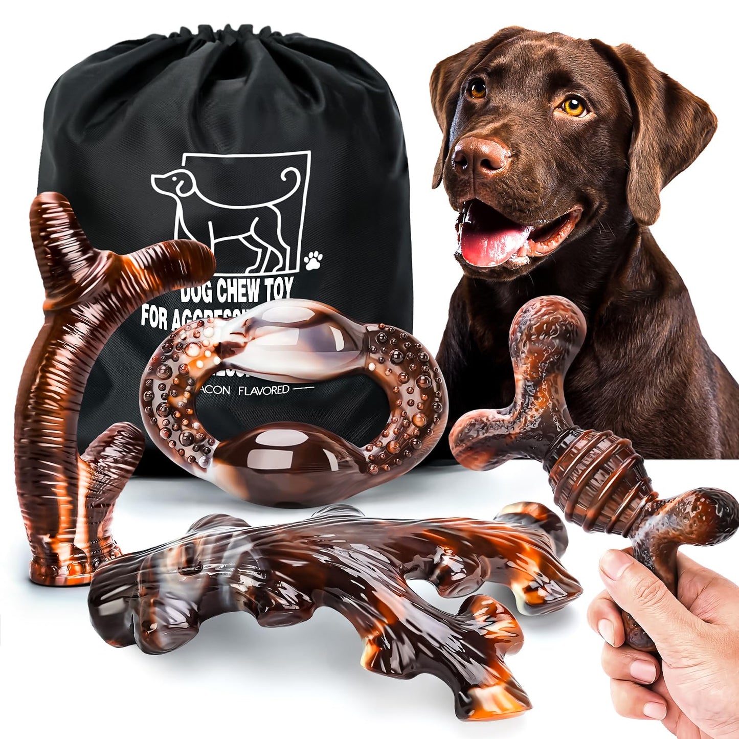 OSORD Dog Chew Toys for Aggressive Chewers 4 Pack, Indestructible Dog Toys, Bacon Flavor, Tough Nylon Bones to Keep Them Busy, Medium & Large Breed, Gifts for Dogs