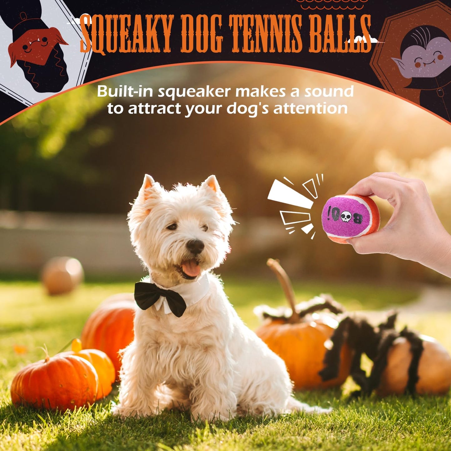 EXPAWLORER Squeaky Tennis Balls for Dogs - 12 Pcs Halloween Interactive Teething Chew Toys, Enrichment Dog Toys to Keep Them Busy, Fetch Training Balls for Large Medium Small Dogs