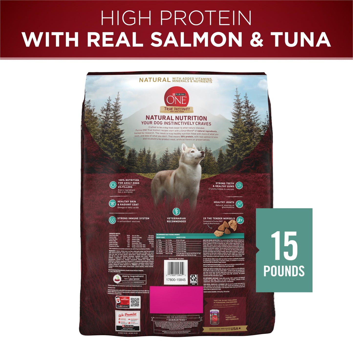 Purina ONE True Instinct With Real Salmon and Tuna Natural With Added Vitamins, Minerals and Nutrients High Protein Dog Food Dry Formula - 15 lb. Bag