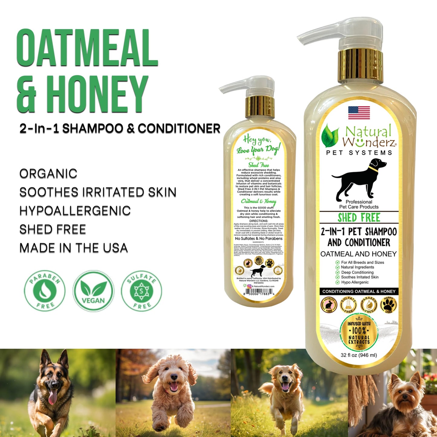 Pet Shampoo & Conditioner, Shed Free 2-in-1, Oatmeal and Honey, Hypoallergenic, Vegan, Natural Extract, for Healthy Skin & Coat, 32 Fl Oz, for Dry Itchy Skin, All Breeds, by Natural Wunderz