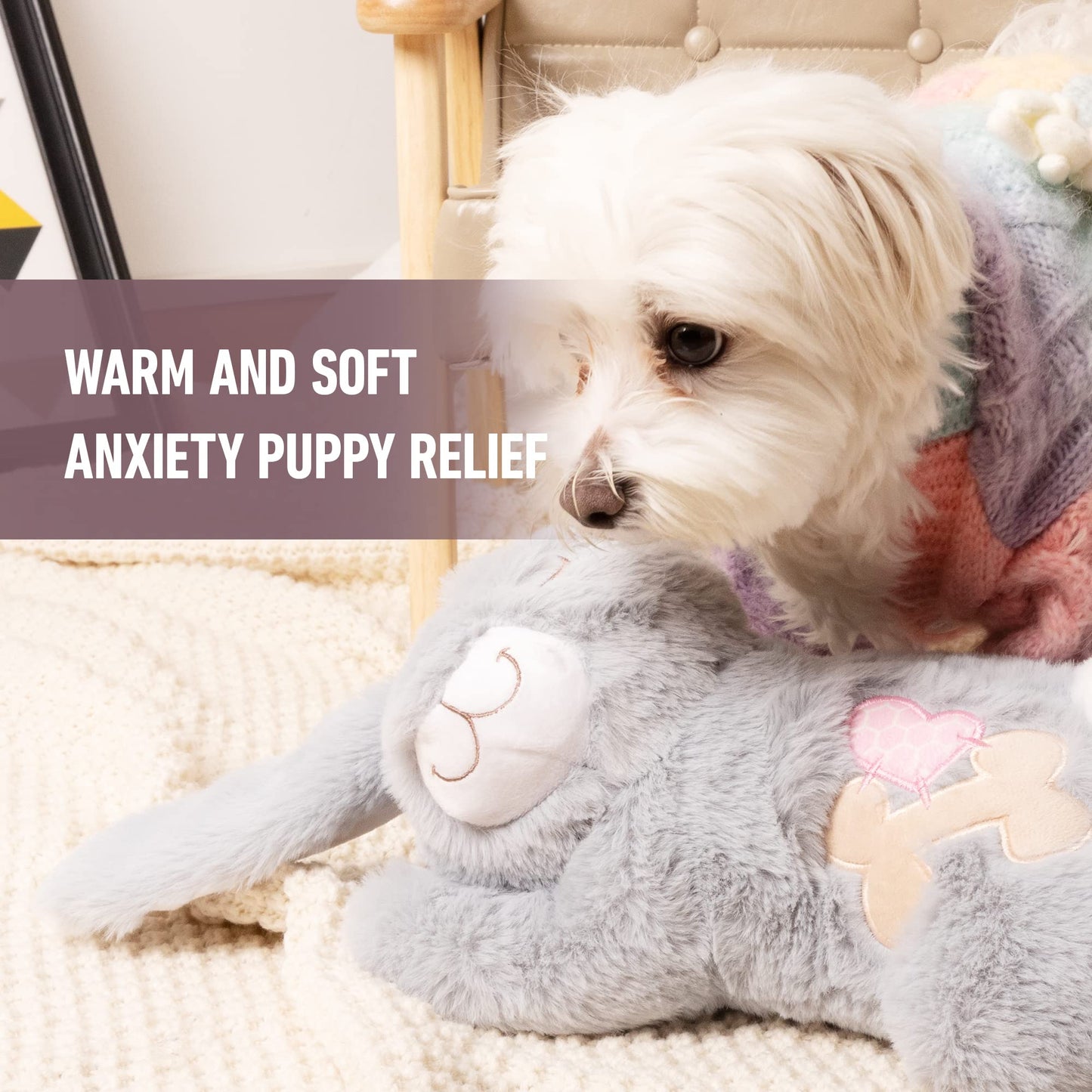 PetPrime Dog Heart Beat Puppy Plush Rabbit Toy - with Warmer Bag Pet Soft Anxiety Puppy Relief Toy for Sleeping(Gray Rabbit)