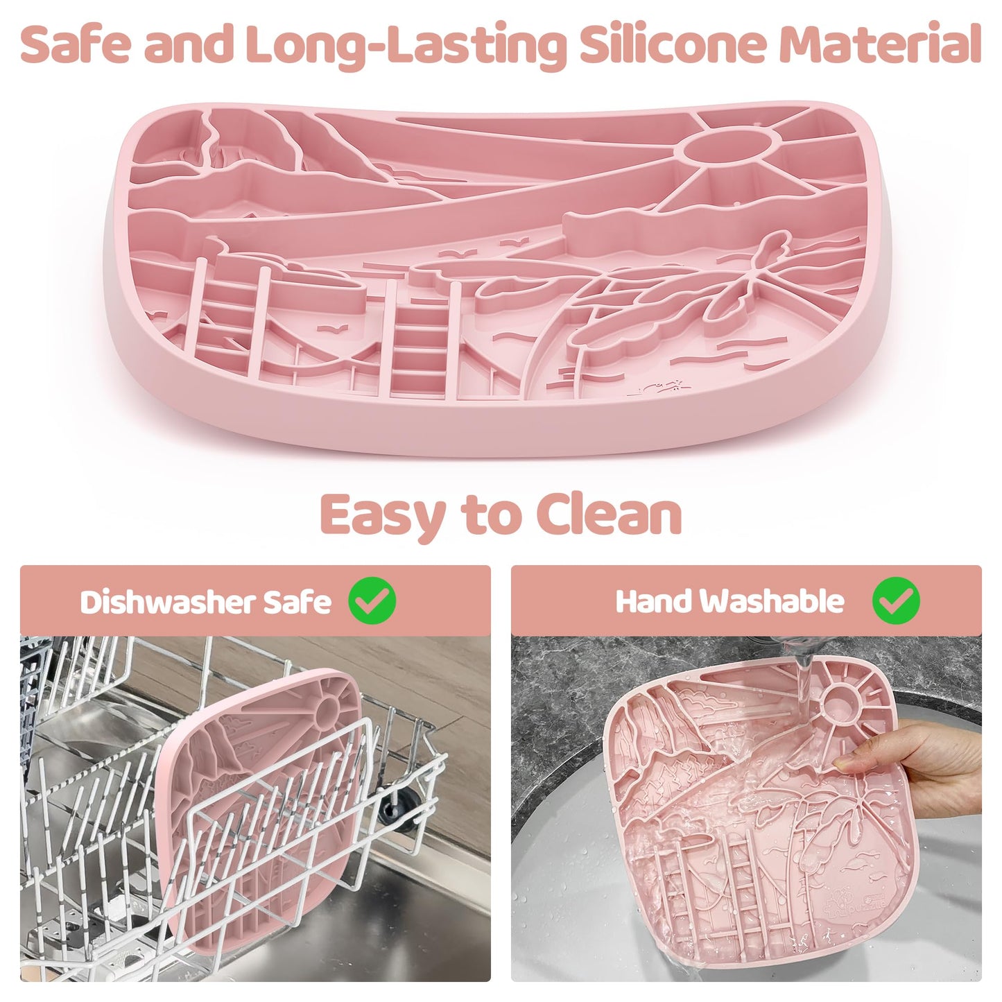 Puzzle Feeder Snuffle Mat and Lick Mat for Dogs, California Textured Slow Feeder, 0.75 Inch Thin Silicone Mat Holds 3 Cups, Dishwasher and Microwave Safe, Pink