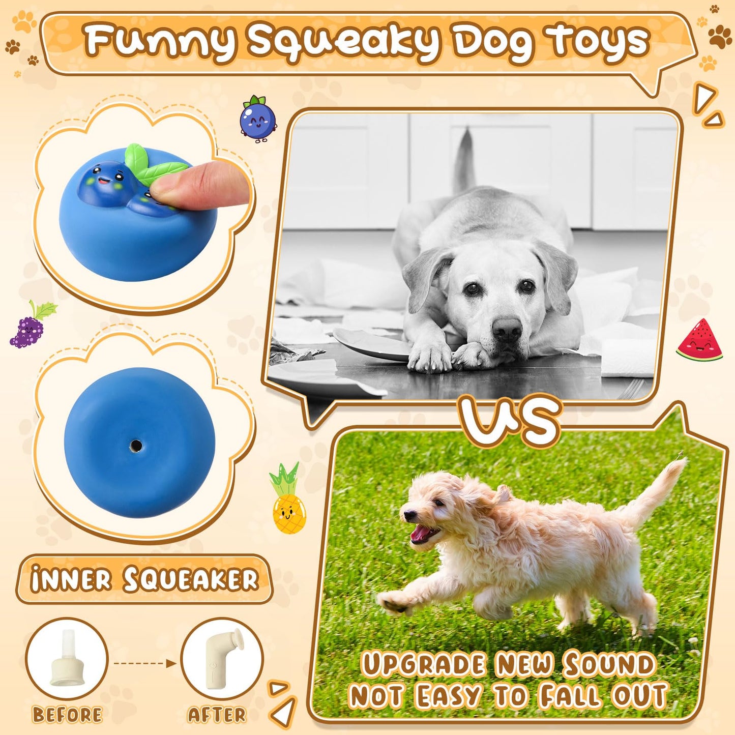 Hungdao 40 Pcs Bulk Dog Squeaky Toys Soft Rubber Latex Dog Toys Small Squeaky Balls Interactive Fetch Balls for Teething Small Pet Breeds Training(Cute Fruit)