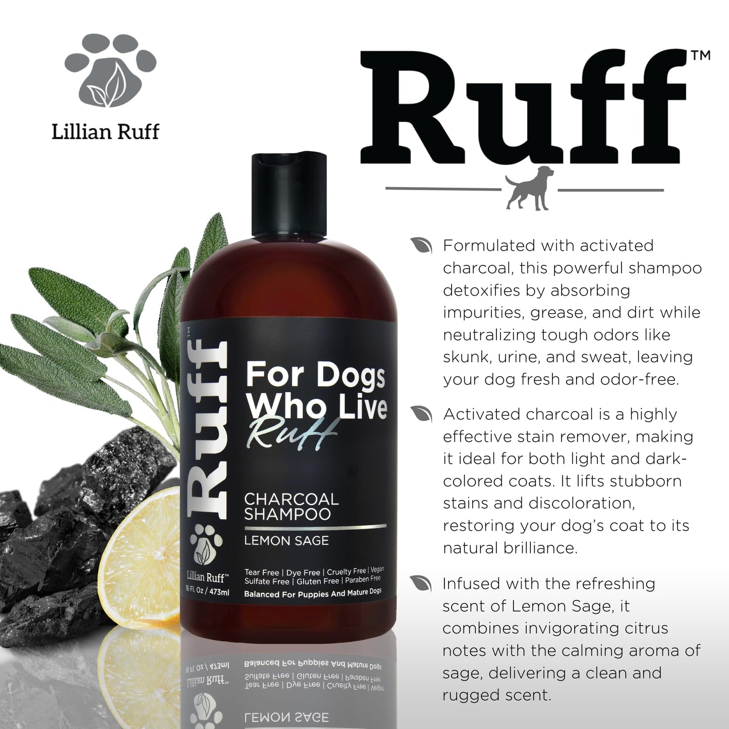 Ruff by Lillian Ruff Activated Charcoal Pet Shampoo – Deep Cleanser, Deodorizer, Stain Remover – Lemon Sage Scent, pH Balanced, Hydrate Dry Itchy Skin – Safe for Puppies & Mature Dogs