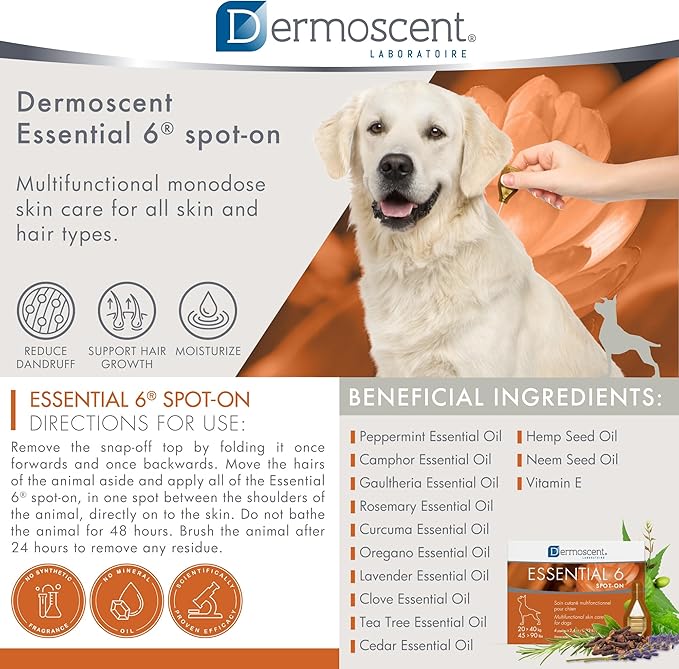 Dermoscent Essential 6 spot-on - Dog Skin Care for Dandruff & Allergy Relief with Vitamin E Oil - Anti Itch for Dogs - Natural Ingredients for Sensitive Skin - Dogs 20-40 kg - 4 Pipettes of 2.4 ml