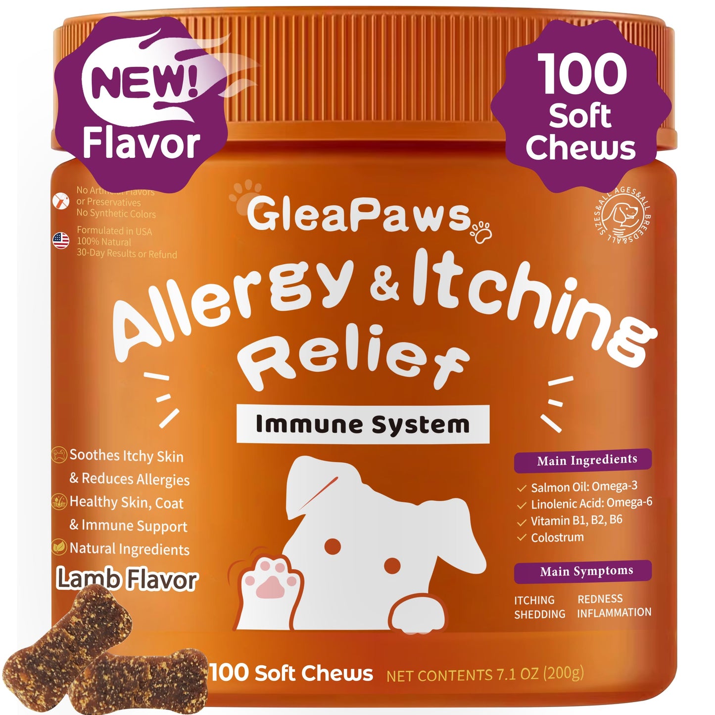 GleaPaws Dog Allergy & Itch Relief Supplement - Salmon Oil Omega-3, Omega-6, Vitamin B1/B2/B6, Colostrum Probiotics for Seasonal Allergy, Hot Spots, Paw Licking, 100 Chews, Lamb+Salmon Oil