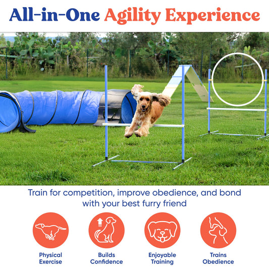 FetchFlow Dog Agility Training Equipment – Complete Backyard Agility Course Set w/Adjustable A-Frame Ladder, Weave Poles, Cones, Jump Hoop, Tunnel & Sandbags – Outdoor Dog Playground Kit