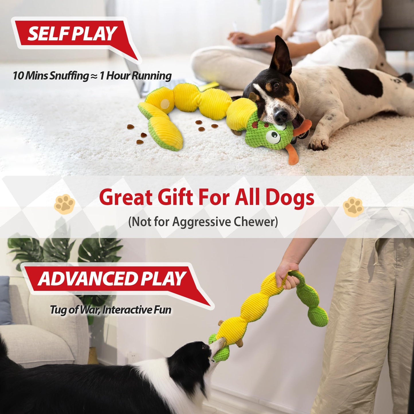 Gigwi Interactive Dog Puzzle Toys, Dog Snuffle Toy Treat Dispensing IQ Training, Cute Caterpillar Design Squeaky Plush Dog Toys Tug of War, Hide and Seek Dog Entertainment Toys for Boredom