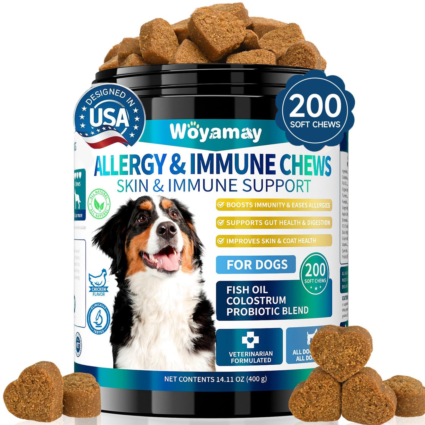Woyamay 200 Dog Allergy Relief Chews for Dogs Itchy Skin Relief, Anti Itch for Dogs Ears & Paw Relief, Itchy Dog Skin Relief for Seasonal Allergy, Omega 3 Fish Oil, Turmeric & Colostrum Immune Support