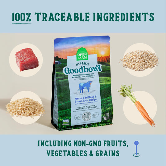 Open Farm Goodbowl, Oven-Baked Small Batch Dry Dog Food - Grass-Fed Beef & Brown Rice Recipe, Includes Non-GMO Produce & Grains, 22lb Bag (352oz Bag)