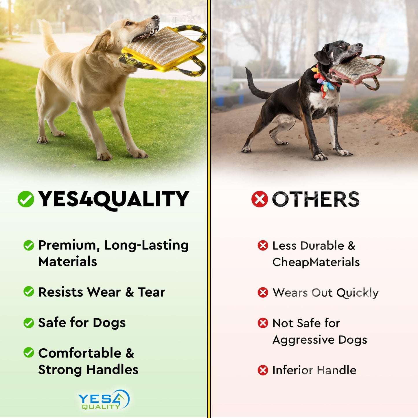 YES4QUALITY Durable Dog Bite Pillow - 10"x7" - Safe Biting Pad with 3 Strong Handles - Tough Jute Tug Toy for Medium to Large Dogs - Ideal for Tug of War, K9, Schutzhund & Puppy Training