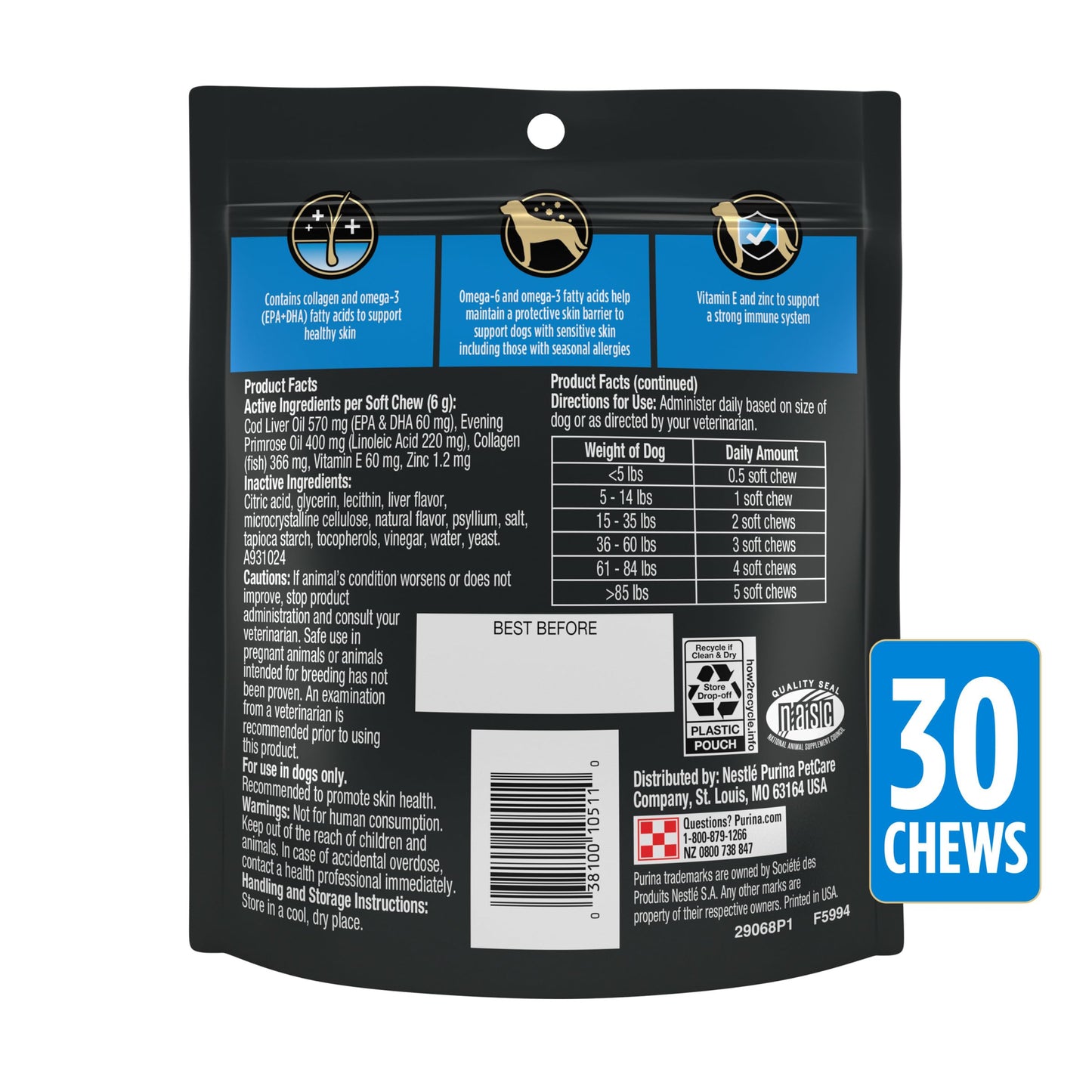 Purina Pro Plan Veterinary Supplements Skin Care Dog Supplements With Omega-3 Fish Oil and EPA and DHA - (Pack of 3) 30 ct. Pouches