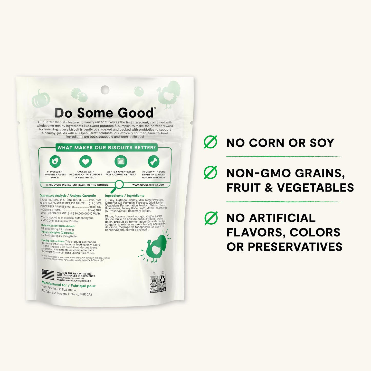 Open Farm Better Biscuits, Oven Baked Dog Treats with Probiotics, Turkey & Oatmeal Recipe, 8oz Pouch