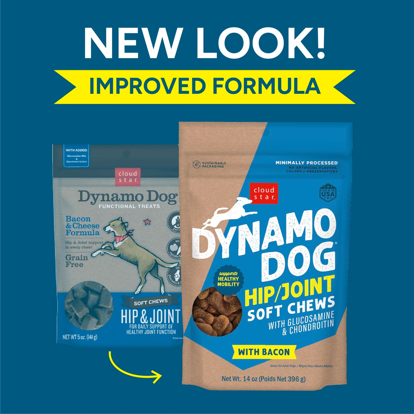 Cloud Star Dynamo Dog Soft Chews Hip & Joint Grain Free Dog Treats, Bacon & Cheese, 14 oz. Pouch