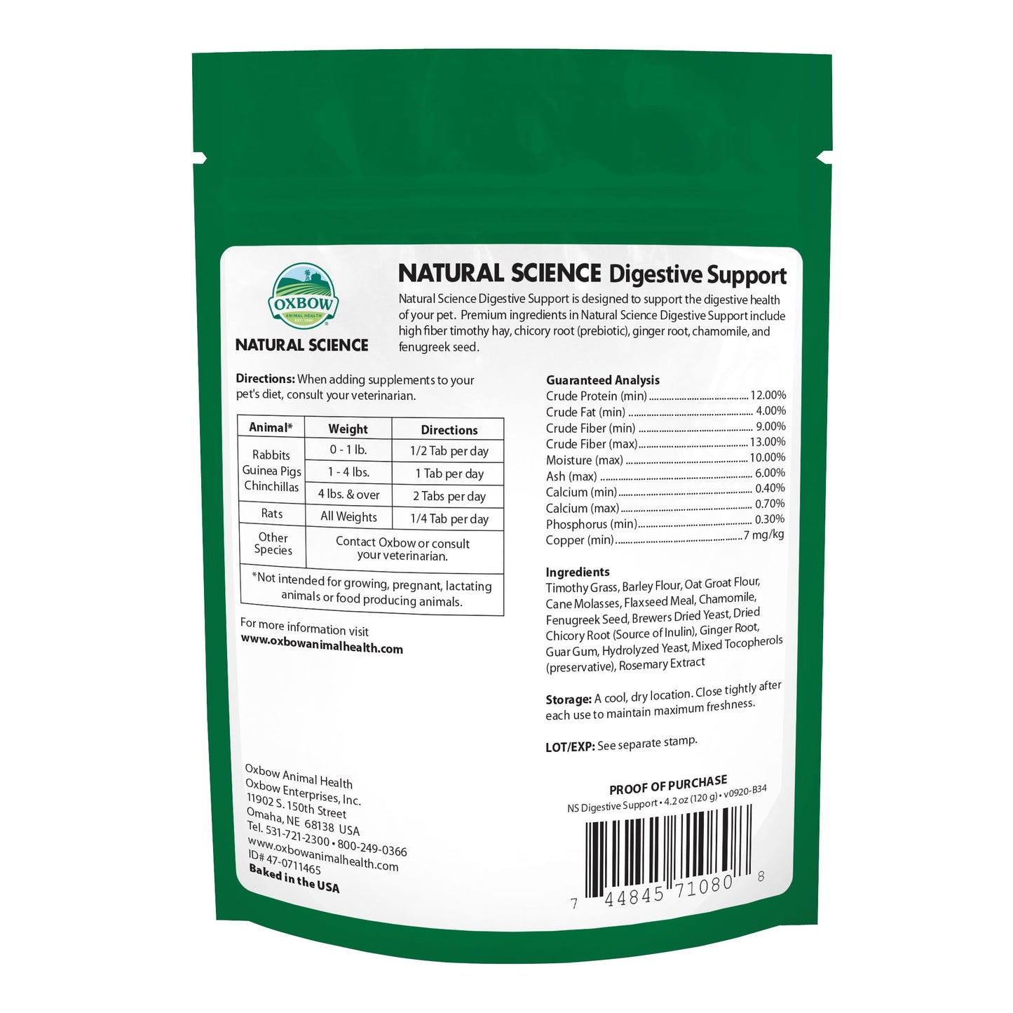 Oxbow Animal Health Natural Science Digestive Support, High Fiber Supplement for Rabbit & Guinea Pig, Made with Timothy Hay, Includes Chicory Root, Ginger Root, Chamomile, Made in USA, 4.2 oz Bag