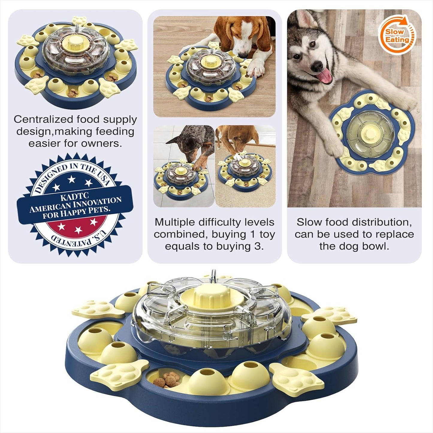 USCHEW Level 3 in 1 Spinning Dog Puzzle Toy, Interactive Treat Dispenser & Slow Feeder for Brain Stimulation Game & Boredom Buster, Ideal for Small, Medium & Large Dogs