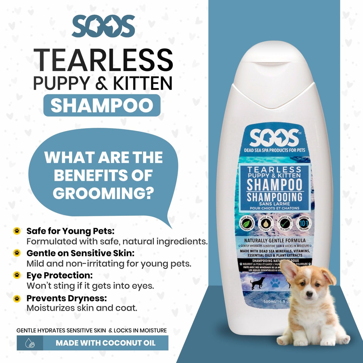 Soos Pet Tear-Less Shampoo for Puppies and Kittens | Natural Dead Sea Minerals | Fast Absorbing, Moisturizing, Gentle Skin Care | Vitamins & Essential Oils for Sensitive Skin - 500ml