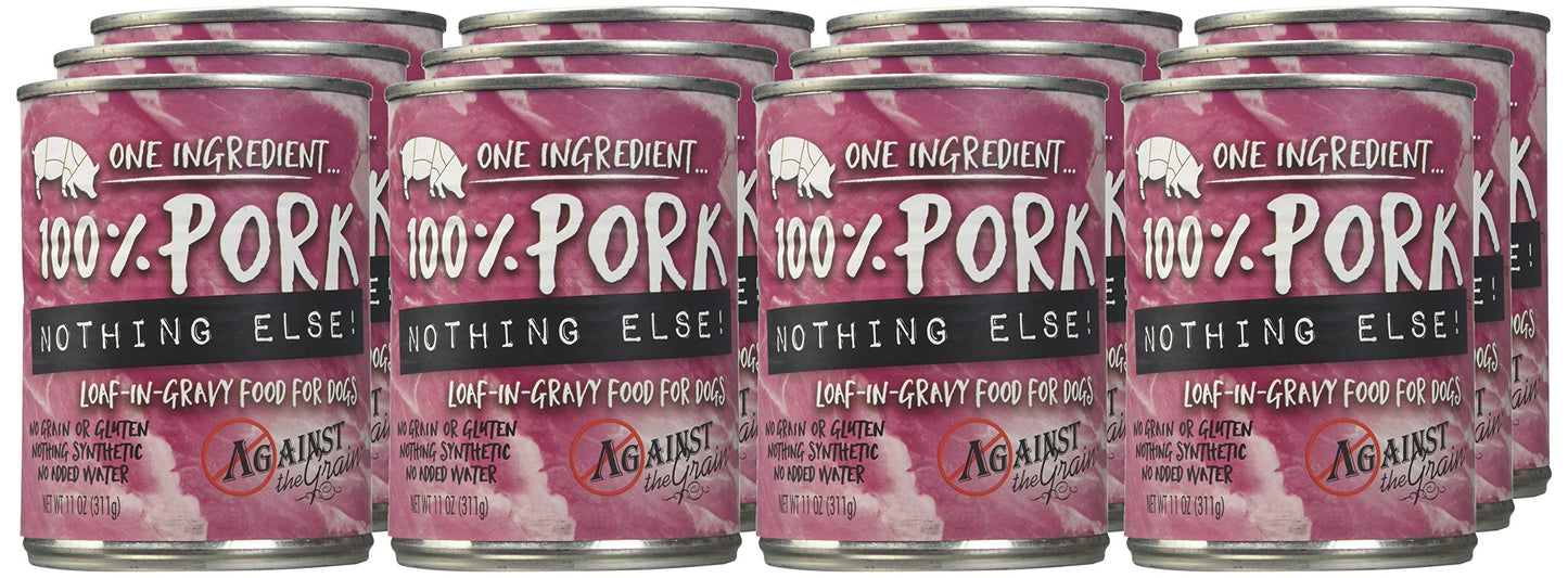 Against The Grain Nothing Else! 100% Pork Dog Food – 12 Count, 11 oz Each – Single-Ingredient Pork Loaf in Natural Bone Broth – Limited Ingredient, Grain-Free Recipe for Sensitive & Allergy-Prone Dogs