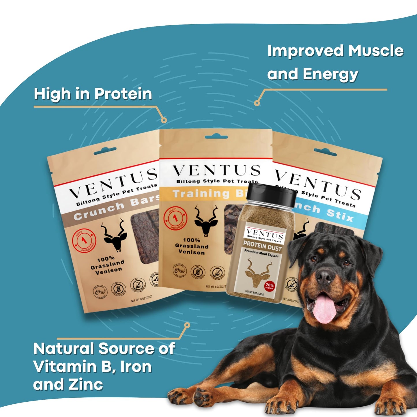 Ventus Dog Food Topper - Single Ingredient Venison Air Dried Dog Food Seasoning for Picky Eaters, No Additives, Grain Free Meal Toppers for Dogs 8 oz.