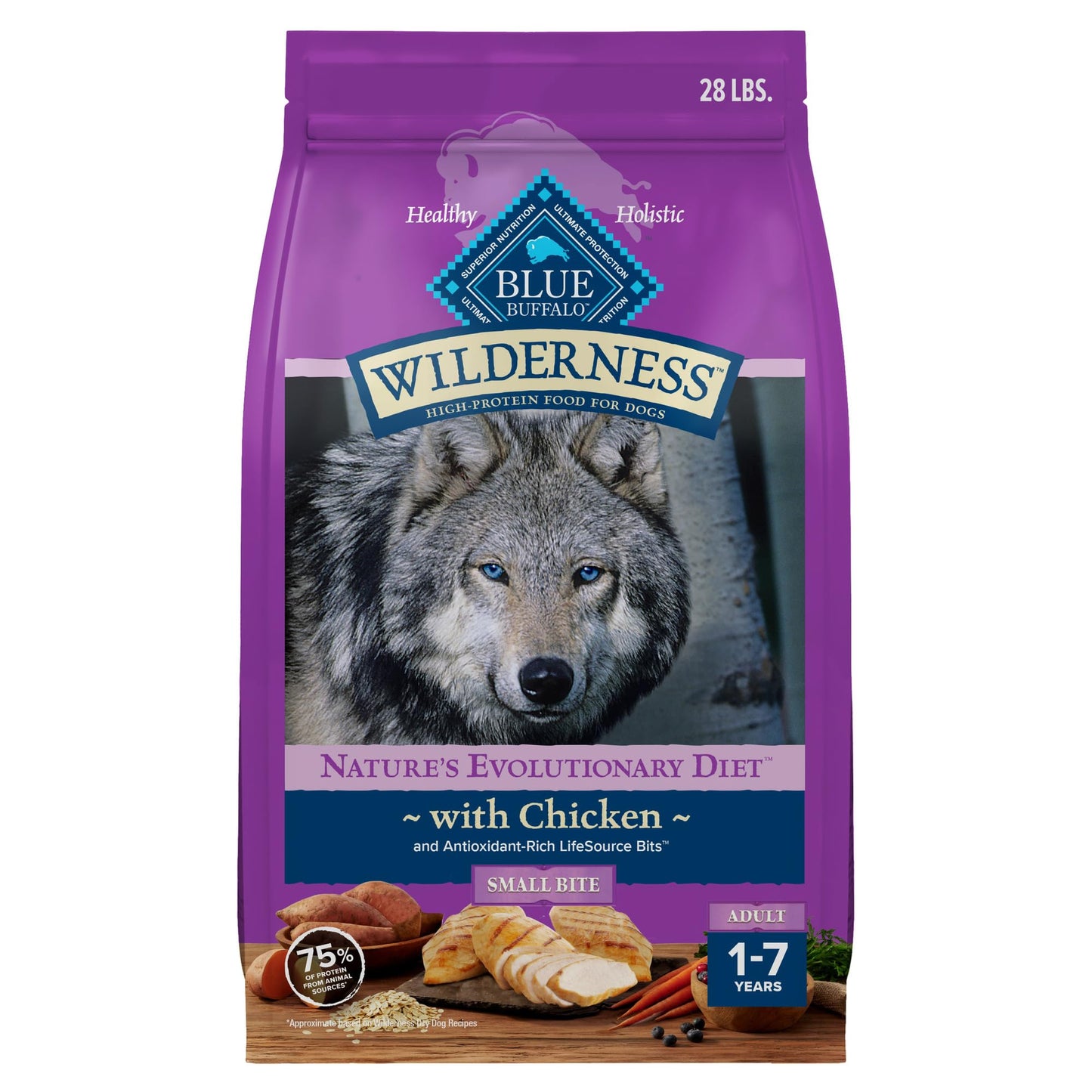 Blue Buffalo Wilderness Natural High-Protein, Small-Bite Dry Food for Adult Dogs, WITH WHOLESOME GRAINS, Chicken, 28-lb Bag