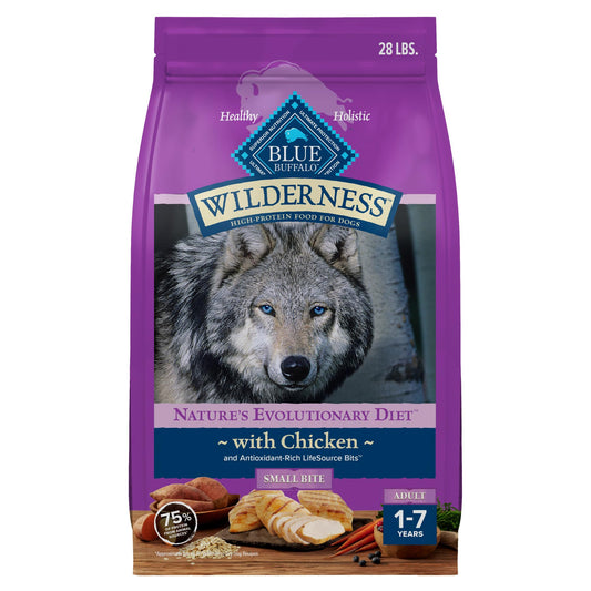 Blue Buffalo Wilderness Natural High-Protein, Small-Bite Dry Food for Adult Dogs, WITH WHOLESOME GRAINS, Chicken, 28-lb Bag