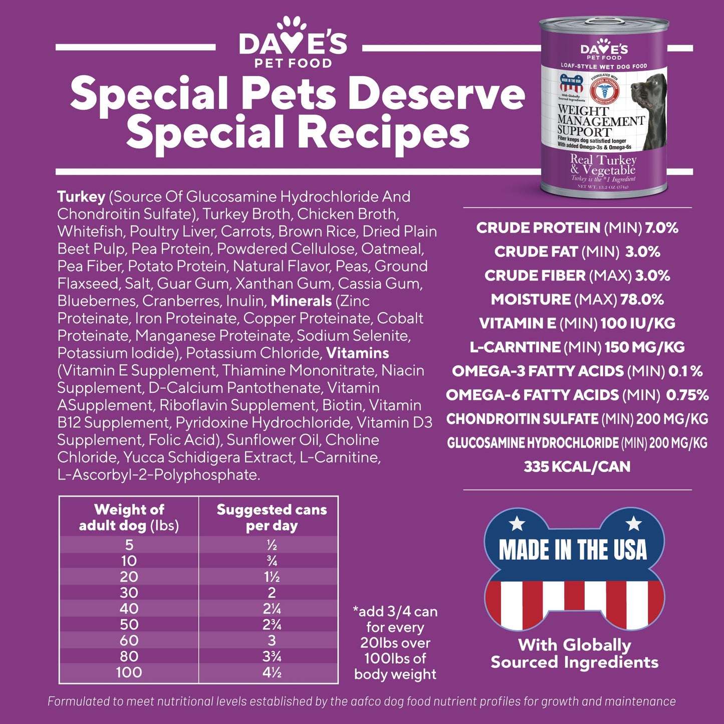 Dave's Pet Food Weight Management Dog Food (Turkey & Vegetables), Made in USA, Weight Loss, Soft, Canned Wet, 13.2oz (12 Pack)