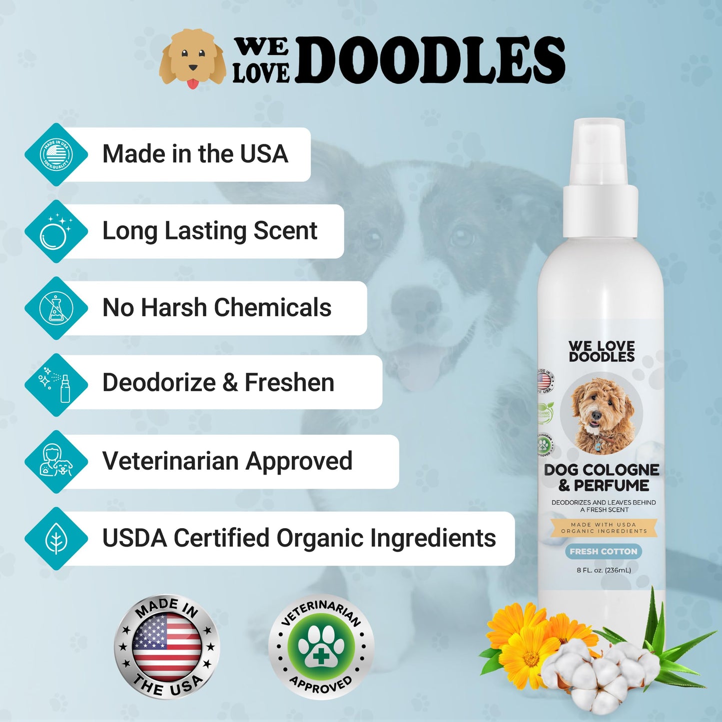 We Love Doodles Puppy Shampoo & Conditioner and Dog Cologne | Organic Ingredients | Sensitive & Itchy Skin Wash | Long Lasting After Bath | Puppies Odor Eliminator Spray | Made in USA